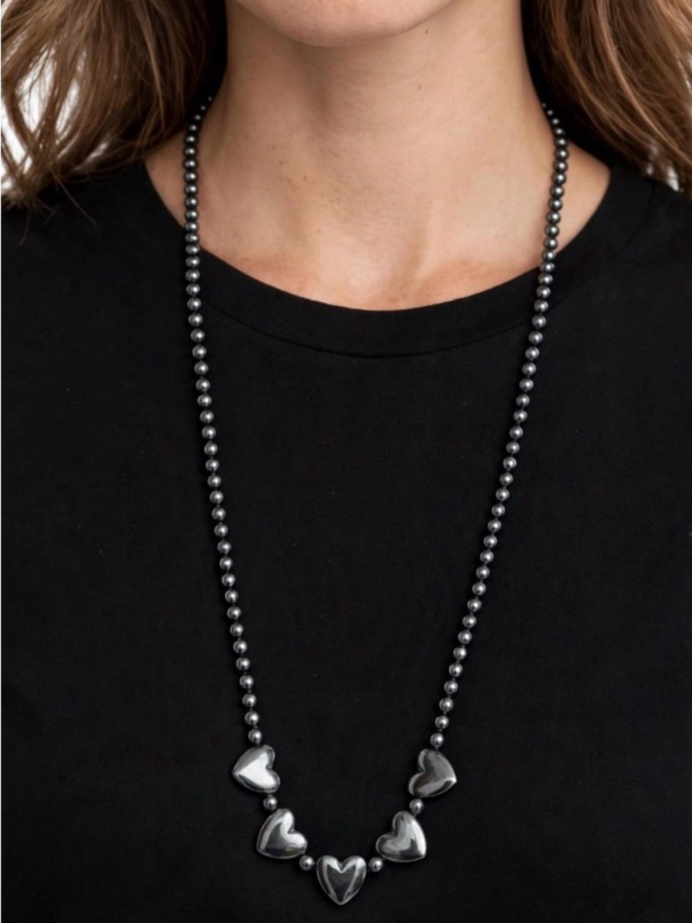 Vintage 80s Hematite Beaded Long Necklace